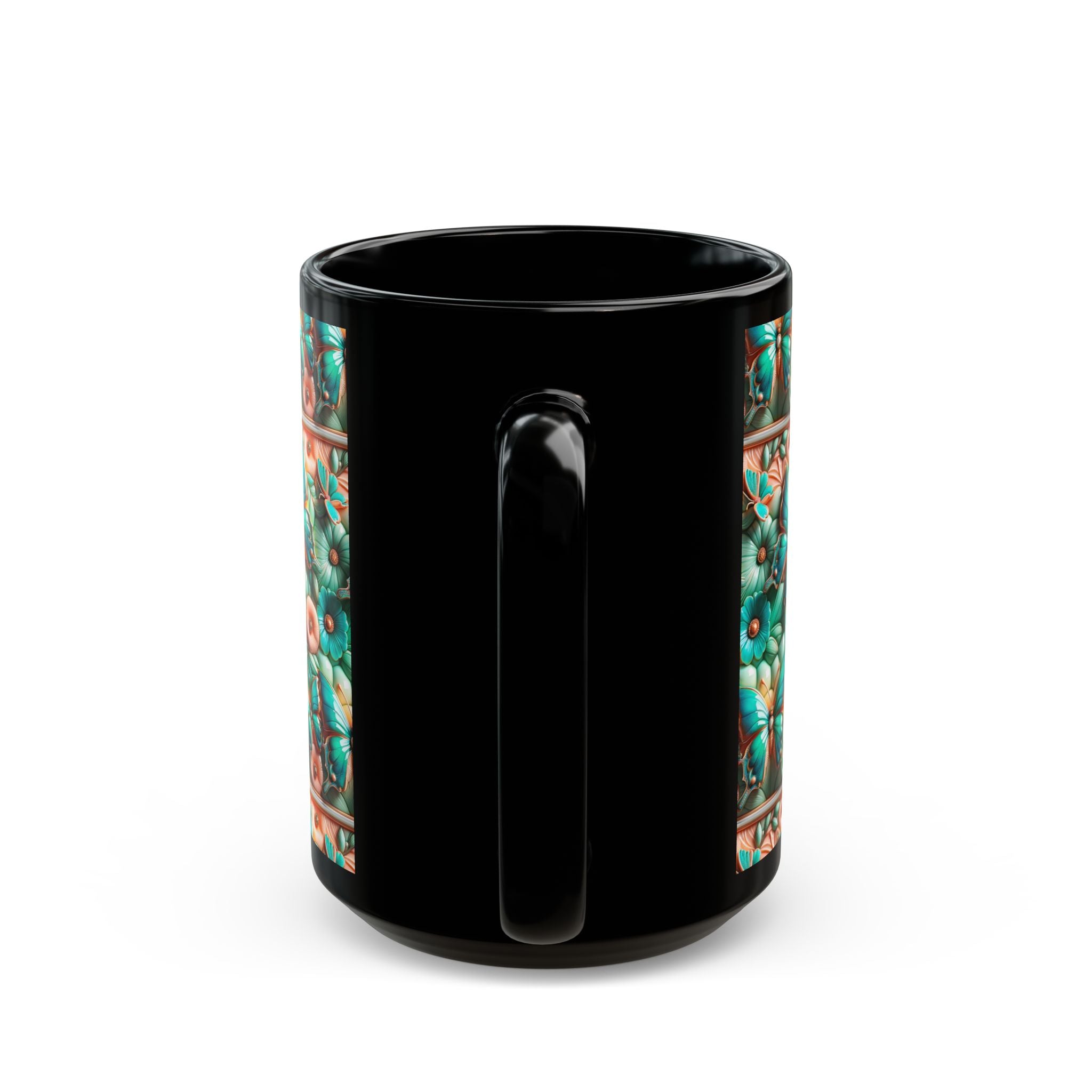 Floral Butterfly Black Mug - Cute Coffee Cup for Garden Lovers, Gift for Her, Rustic Home Decor, Nature Lover's Mug, Tea Tumbler